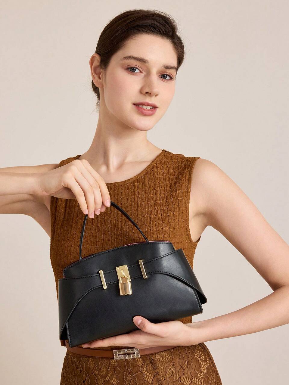 FASHION LOCK DETAIL TOP HANDLE BAG
