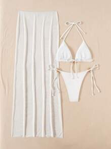 Bonvoyette 3 件套：纯色三角形无线吊带上衣、侧系带比基尼泳裤和透视长裙，女士夏季沙滩泳衣 - 白色 - 查看 2