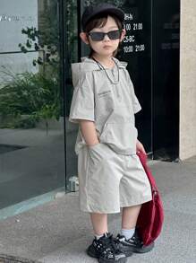 Dazy Kids 年轻男孩2件套 - 字母印花连帽衬衫+短裤，夏季服装 - 淺灰色 - 查看 7