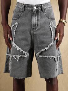 SUMWON Distressed Denim Jorts High Fashion Star Pattern Cut Out Design Knee Length Street Style Festival Summer Shorts