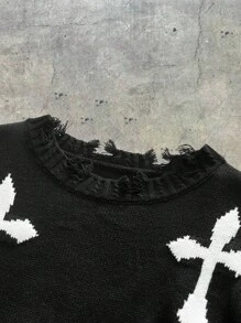 AXEPEAK Cross Print Round Neck Frayed Hem Men's Knit Sweater Vest, Streetwear-Inspired - Black - View 3