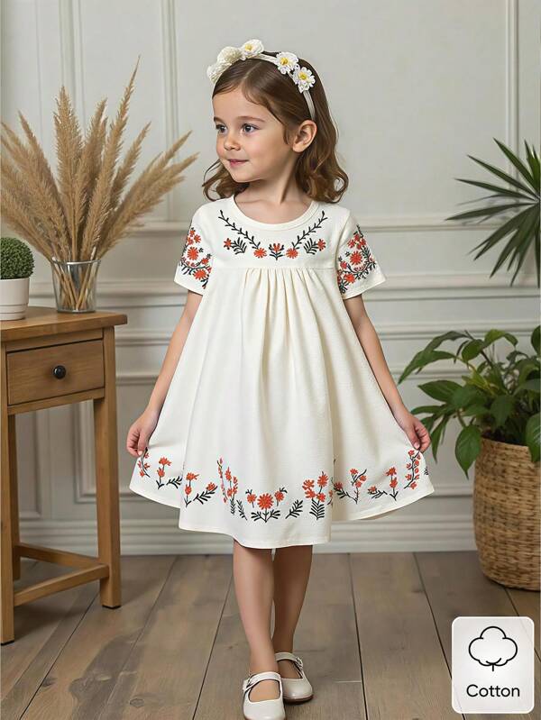 Vintaside Kids Young Girls' One Piece Round Neck Apricot Short Sleeve Dress, Sleeve Cuffs And Neckline Decorated With Delicate Embroidery, Including Small Floral Patterns, Flowers And Leaves Embroidered In Fine Line Designs, Adding Elegance And Details To The Dress
