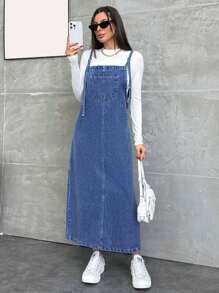 EURMUSE VÁY DENIM DÀI CÓ TÚI CHO NỮ CHI TIẾT - Rửa trung bình - Xem 5