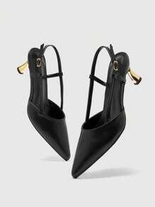 CUCCOO BIZCHIC Mulas de tacón alto para mujer con puntera en punta, tira trasera, formal, de fiesta, para ir al trabajo, con combinación de talón bañado en metal - Negro - Ver 6