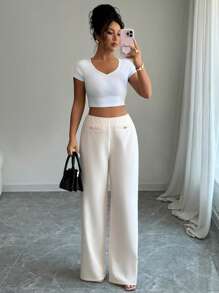 Elenzga Damen einfarbige Knopfdesign gerade geschnittene lose Freizeithose