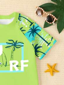 SHEIN Tween Boy Casual Minimalist Round Neck Short Sleeve Shorts Swimsuit Set, Suitable For Summer