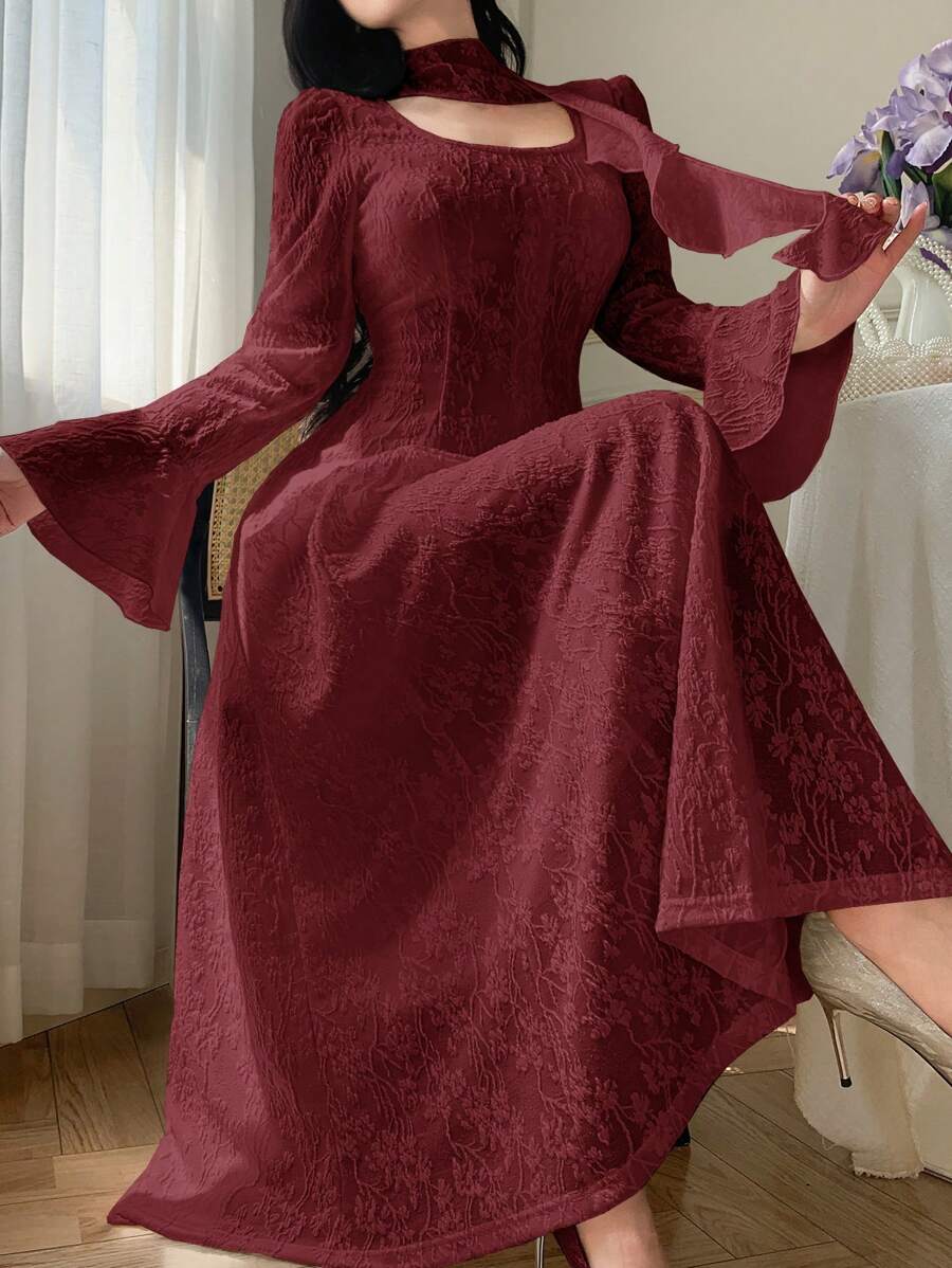 DAZY 女士纯色系带腰身长款雪纺优雅喇叭袖连衣裙，适合春、夏、秋季圣诞节穿着。 - 酒紅色 - 查看 1