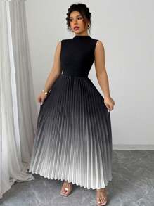 Elenzga 无袖高领褶饰渐变色花朵印花加大码连衣裙