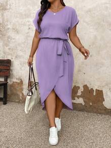 Plus Size Women's Solid Round Neck Batwing Short Sleeve Asymmetrical Hem Casual Dress, Summer Maxi Women Outfit