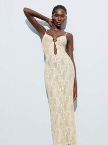 Maija Lace Halter Hollow-Out Deep V-Neck Maxi Dress For Women,Elegant White Summer Seductive Vacation Outfits, Birthday Party Club Beach Graduation Wear - Apricot - View 5