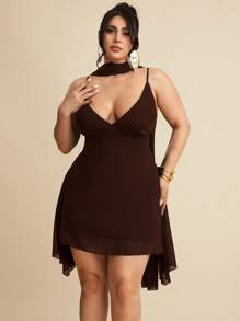 SHEIN BAE Vestito mini elegante in nero tinta unita con scollo a V profondo e nastro, adatto per appuntamenti quotidiani, uscite serali, discoteche, feste, raduni, cocktail festa, tute da vacanza, feste in piscina, abbigliamento da ufficio, abiti da pendolare