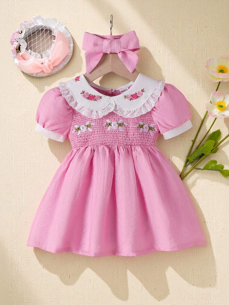 Souflis Souflis 夏季新款嬰兒女孩泡泡袖刺繡拼接甜美洋裝