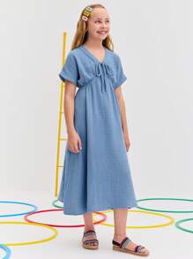 Leap Crew Leap Crew Vestito casual con scollo tondo, senza maniche, con tasche, decorato, stile minimalista, adatto a ragazze adolescenti - Blu - Visualizzare 3