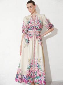 Aveloria Modichic 优雅复古别致女士浪漫度假奢华高端设计花卉印花领泡泡袖收腰修身 A 字裙 - 彩色 - 查看 7