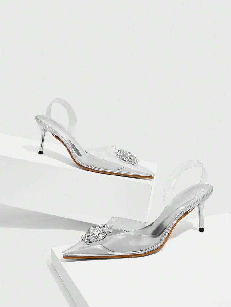 CUCCOO SZL Sandálias de Salto Alto com Bico Fino Transparentes, Claras, Flores de Prata e Rosa, Estilo Fada Elegante, Primavera/Verão