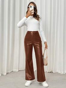 SHEIN LUNE Women Solid Color Leather-Look Regular Long Pants - Brown - View 6