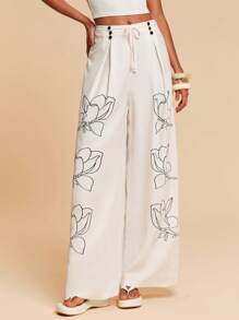 Travachic 女式夏季波西米亚风亚麻阔腿裤宽松花卉印花阔腿松紧腰雪纺裤，春夏休闲女式夏季裤子女式沙滩装夏季裤子狂欢装节日度假装女式夏季裤子女式春季装女式度假装 - 杏色 - 查看 1