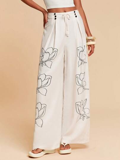 Travachic 女式夏季波西米亚风亚麻阔腿裤宽松花卉印花阔腿松紧腰雪纺裤，春夏休闲女式夏季裤子女式沙滩装夏季裤子狂欢装节日度假装女式夏季裤子女式春季装女式度假装