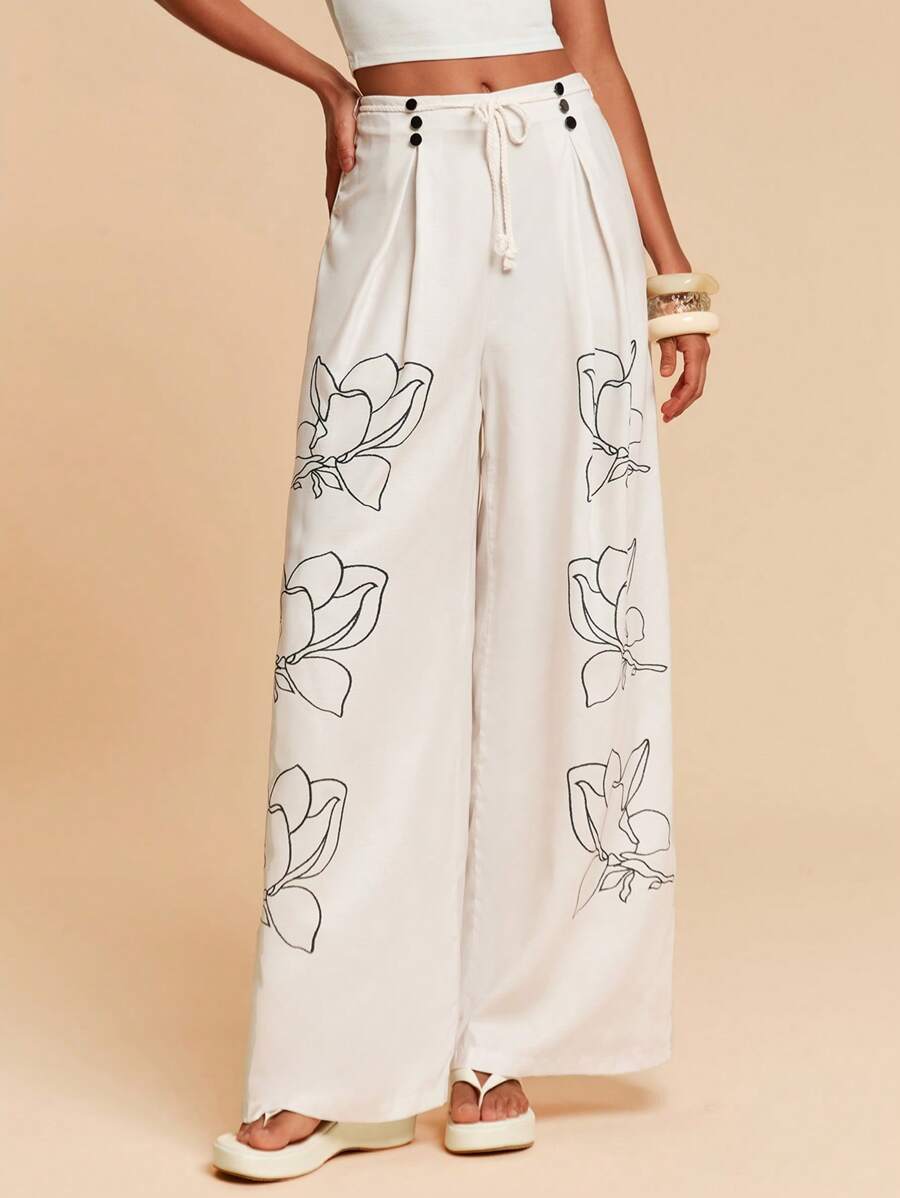 Travachic 女式夏季波西米亚风亚麻阔腿裤宽松花卉印花阔腿松紧腰雪纺裤，春夏休闲女式夏季裤子女式沙滩装夏季裤子狂欢装节日度假装女式夏季裤子女式春季装女式度假装 - 杏色 - 查看 1