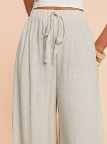 Travachic 繫腰帶開衩闊腿褲 - 卡其色 - 查看 7