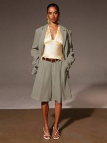 Athîral 女士夏季休闲纯色阔腿短裤 - 卡其色 - 查看 2