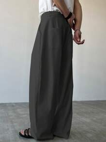 Claim Dot Men's Solid Color Pleated Loose Fit Casual Wide Leg Pants With Pockets, Fall - Dark Grey - View 7