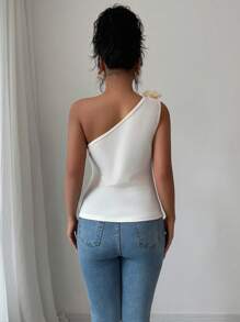 Elenzga Women Asymmetrical Shoulder Ruched Sleeveless Blouse - Apricot - View 2