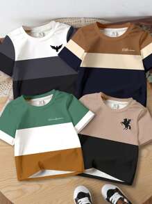 SHEIN Set de 4 camisetas de manga corta con cuello redondo y estampado de bloques de color clásico para bebé niño, apropiado para verano, para hermanos, exterior, campus