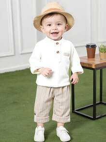 2 Stücke/Set Baby Jungen Lässiger, vielseitiger Outfit mit Stehkragen Langarmoberteil & gestreifter Lange Hose, geeignet für Alltag, Outdoor und Partytragen, Frühling/Sommer