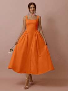 Enchnt 女式无袖方领荷叶边下摆纯色优雅夏季连衣裙 - 橘色 - 查看 4