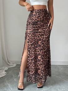 SHEIN Unity 女士优雅豹纹褶饰网眼高开衩裙 - 咖啡棕 - 查看 4