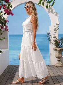 Vivid Eden 女士度假休闲纯色镂空刺绣连衣裙 - 白色 - 查看 3