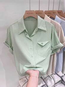 INAWLY 女士休闲条纹短袖衬衫，夏季 - 綠色 - 查看 3