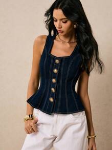 Poéselle New Arrival Women Square Neck Tops Metal Buckle Decoration Back Waist Ruffle Hem Tops Autumn Dark Blue Denim Tops - Dark Wash - View 5