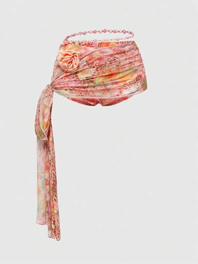 ROMWE Avant Short mini ultra-court taille super basse style vacances romantique sexy avec imprimé floral 3D et chaîne pour femmes