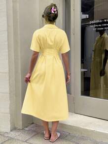 Serisse Women's Summer Striped Bat Sleeve Pleat Casual Shirt Midi Dress New Year - Yellow - View 2