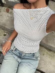 SHEIN PETITE Women Polka Dot Asymmetric Ruched Tight Fitting Waisted Top With Slanted Shoulder Sleeve, Elegant Casual Versatile Summer Wear, Suitable For Petite - Black and White - View 4