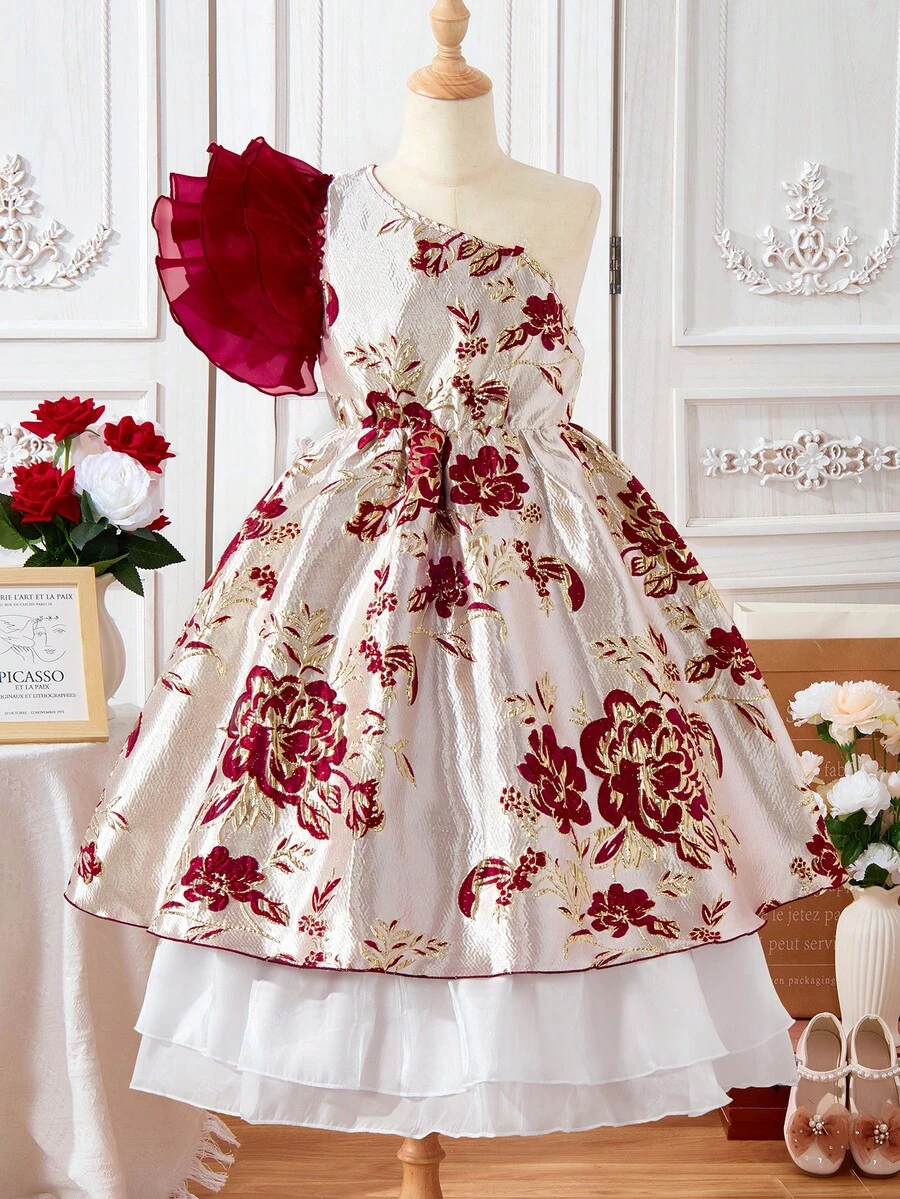 Tween Girl Multi Layered Ruffled Sleeve Jacquard Elegant Organza Princess Dress, For Party, Celebration, Holidays - Multicolor - View 1