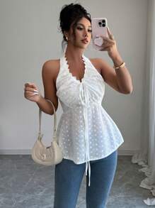 SHEIN Clasi Damen elegantes einfarbiges besticktes Blumen-Splice rüschenbesetztes Neckholder-Camisole - Weiss - Übersicht 1