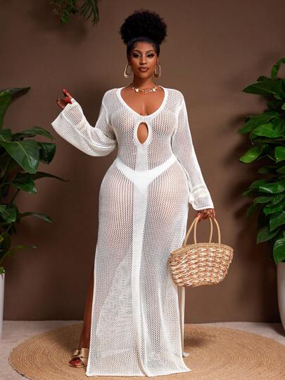 Veslaya Plus Size Women Casual Sexy Hollow Out Long Sleeve Sweater Dresses White Cover Up Dress Mesh Cover Up Dress Long Cover Ups For Swimwear Mesh Maxi Dress Bikini Cover Up Dress In Fall/Winter Valentine's Day Outfit