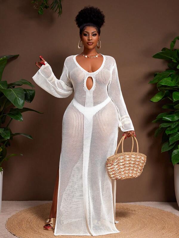 Veslaya Vestido de suéter de manga larga sexy y casual con diseño calado para mujer de talla grande