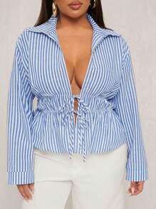 SHEIN SXY Camisa tejida a rayas con cordón elástico, elegante y sexy para uso diario y de oficina, adecuada para uso casual, cruceros, festivales de música, conciertos y fiestas de carnaval, talla grande para mujeres, primavera y verano