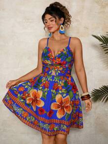 Travachic 大码度假宽松花卉印花扭结镂空吊带连衣裙 - 彩色 - 查看 1