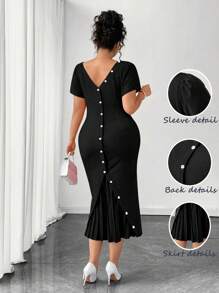 Elenzga Plus Size Summer Elegant Solid Color Ruched Back Button Hem Dress