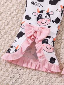 2 件套女婴蝴蝶结装饰奶牛印花连体裤 + 配套头带，休闲可爱动物印花开叉裤腿松紧腰装，夏季