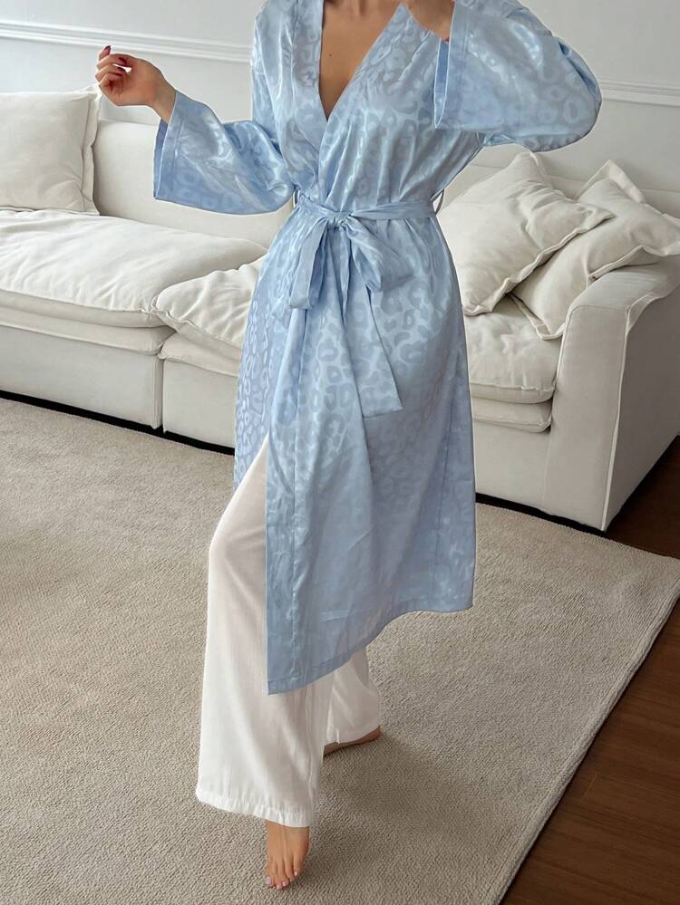 Leopard Print Jacquard Glossy Satin Long Robe With Solid Lightweight Long Pants Women Sleepwear Set, Fall Clothes Pajama