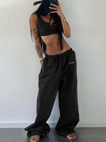INAWLY 2pcs/Set Women Ultra Short Crop Top And Sweatpants Set - Black - View 3