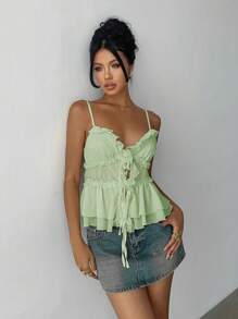 Aloruh 女士优雅纯色荷叶边吊带背心，适合夏季穿着 - 綠色 - 查看 3