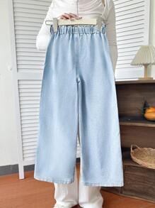 Girls Y2K Style Distressed Light Washed Loose Casual Jeans With Cute Embroidered Bowknot, Practical & Fashionable Straight Leg Design For Daily Wear Fall Winter - Light Wash - View 2