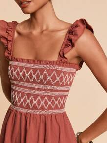 Travachic Chevron Print Ruffle Trim Dress - Rust Brown - View 6